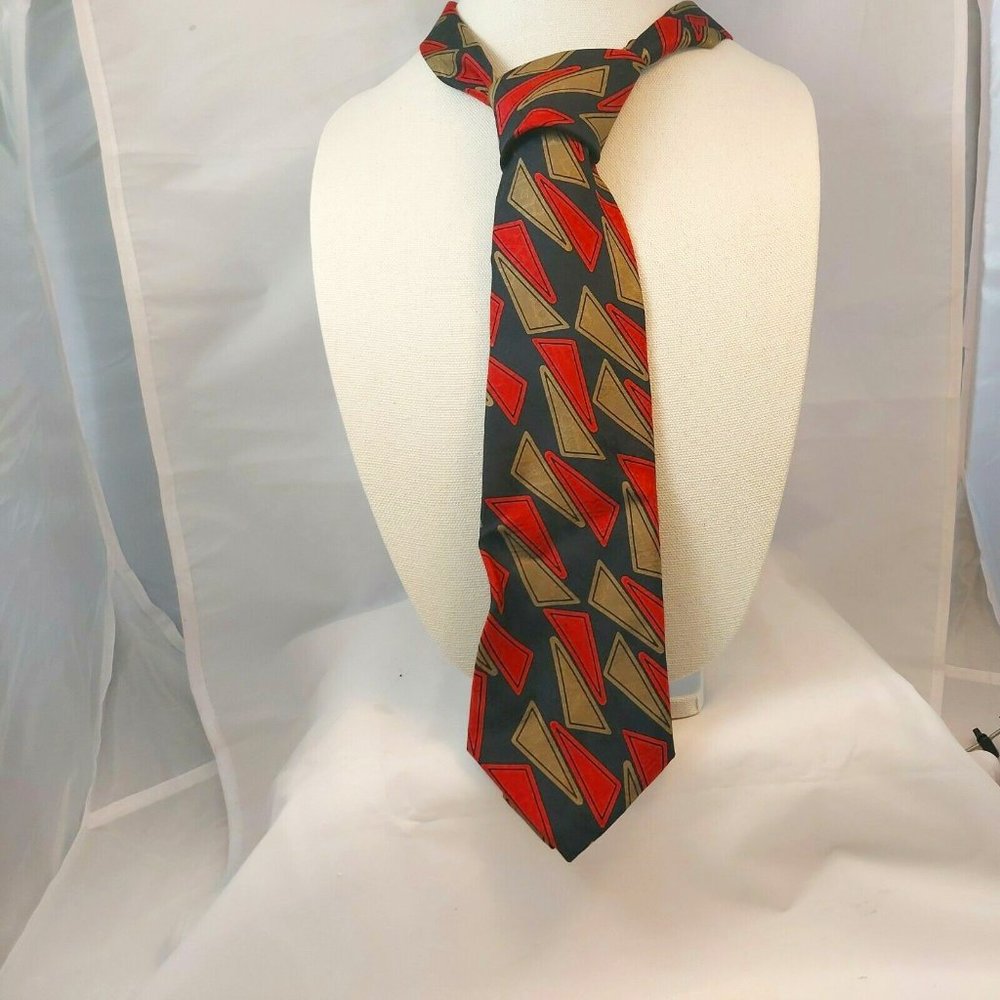 Vintage Hugo Boss Italy men's Silk Tie Black Red Gold Mid Century design